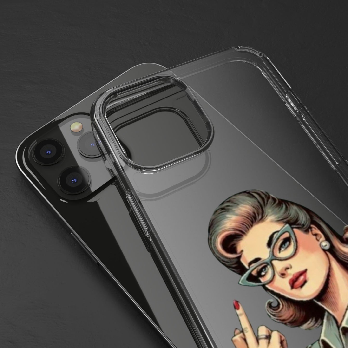 Clear Phone Case — Retro Woman Giving the Finger Graphic with “Respectfully” Text