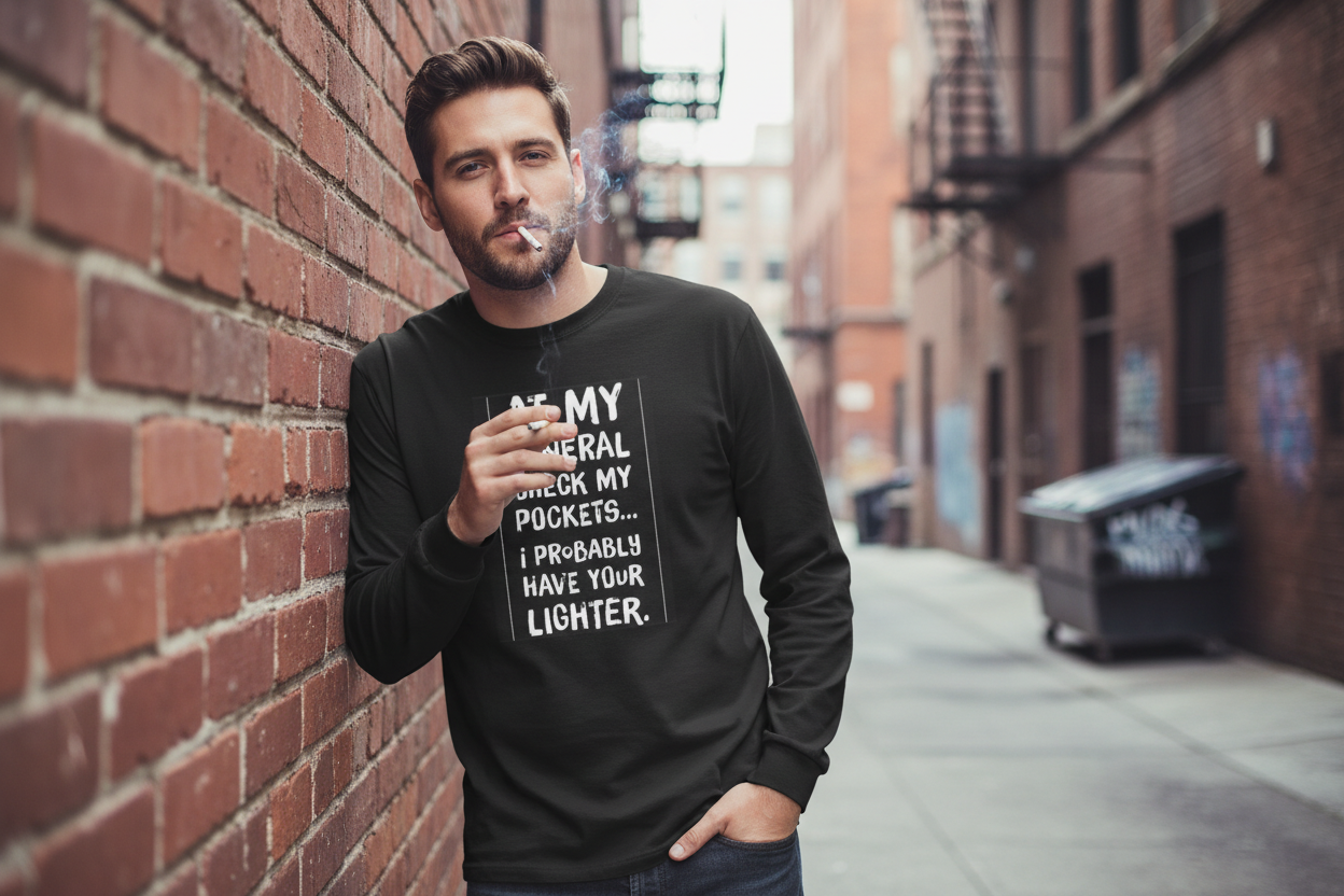 Humorous Long Sleeve Tee... Check My Pockets At My Funeral For Your Lighter.