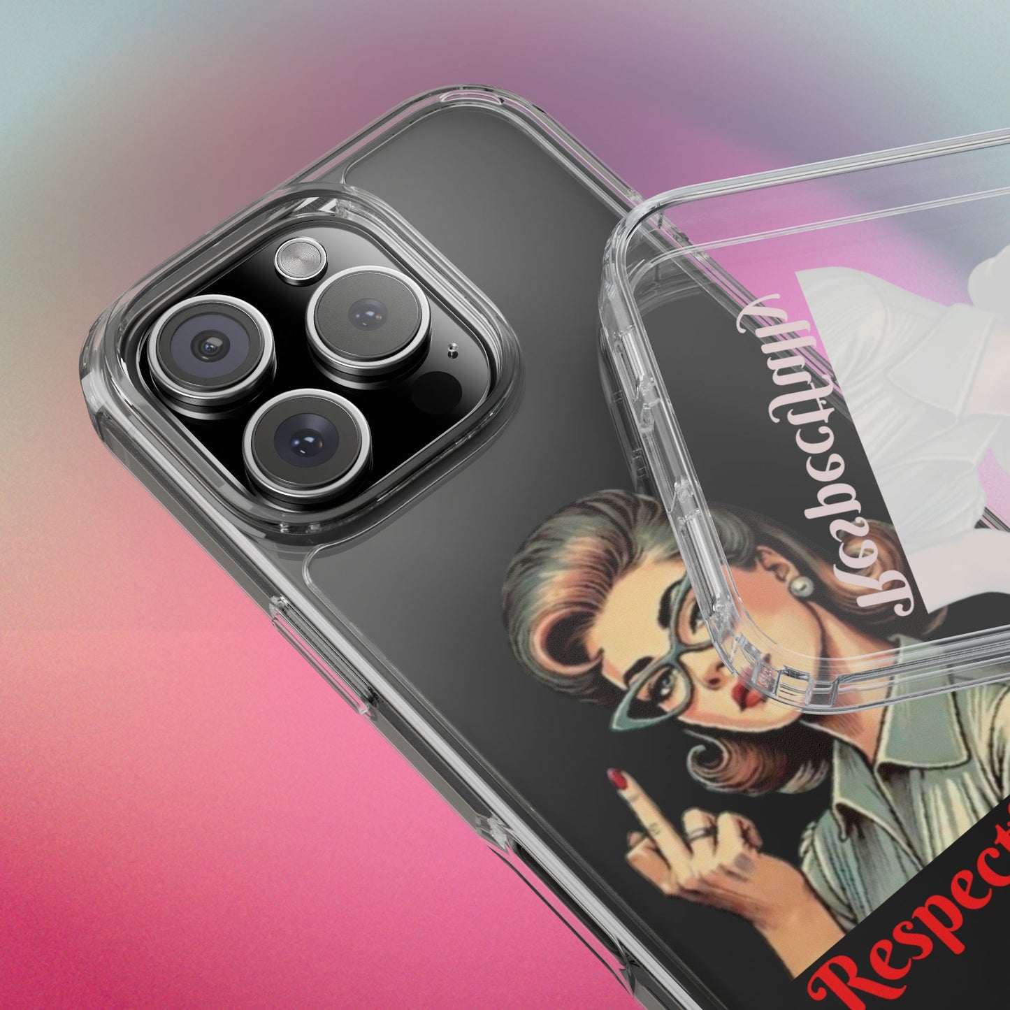 Clear Phone Case — Retro Woman Giving the Finger Graphic with “Respectfully” Text