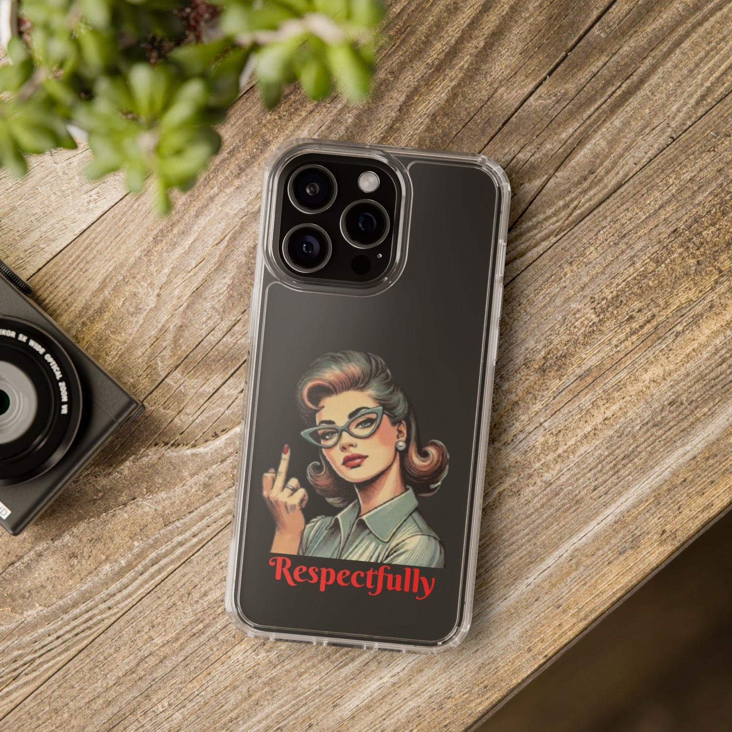 Clear Phone Case — Retro Woman Giving the Finger Graphic with “Respectfully” Text