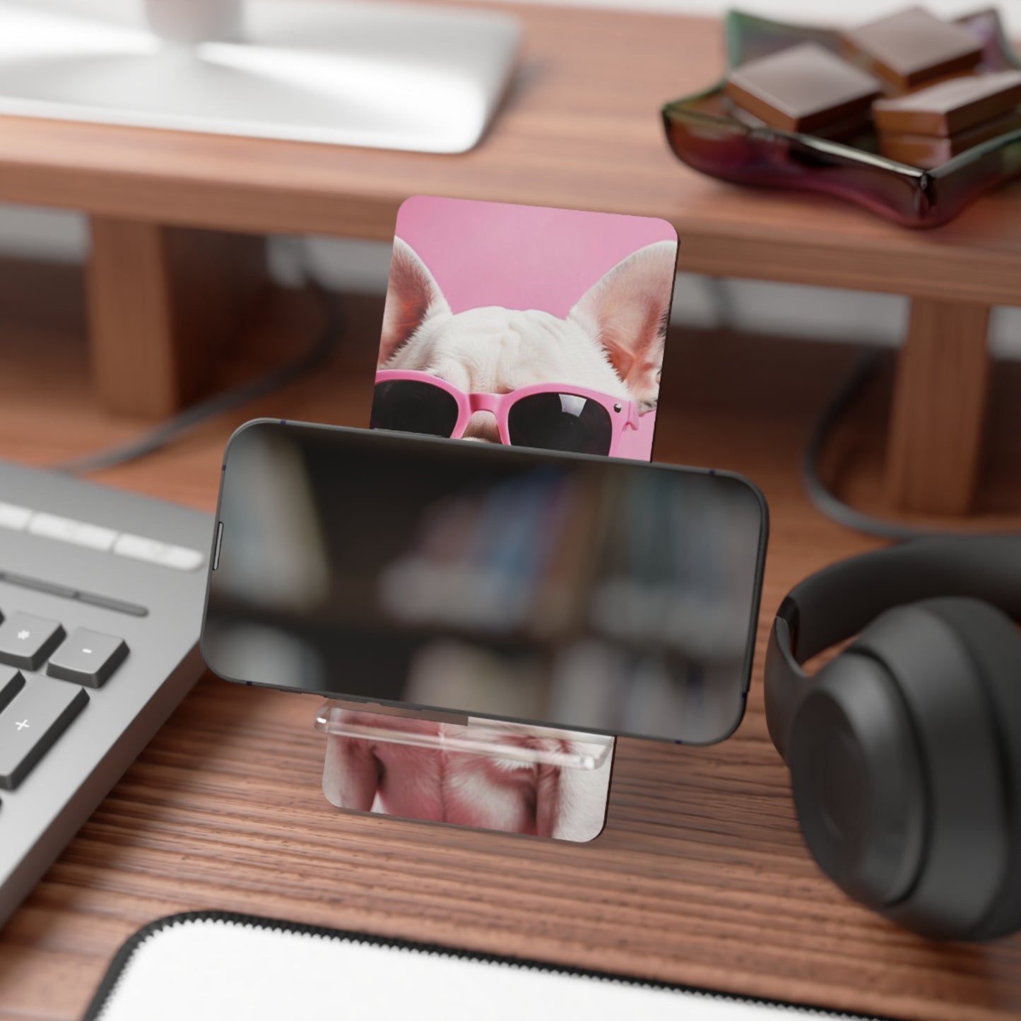 Pink Sunglasses French Bulldog Phone Stand — Cute Smartphone Display Holder
