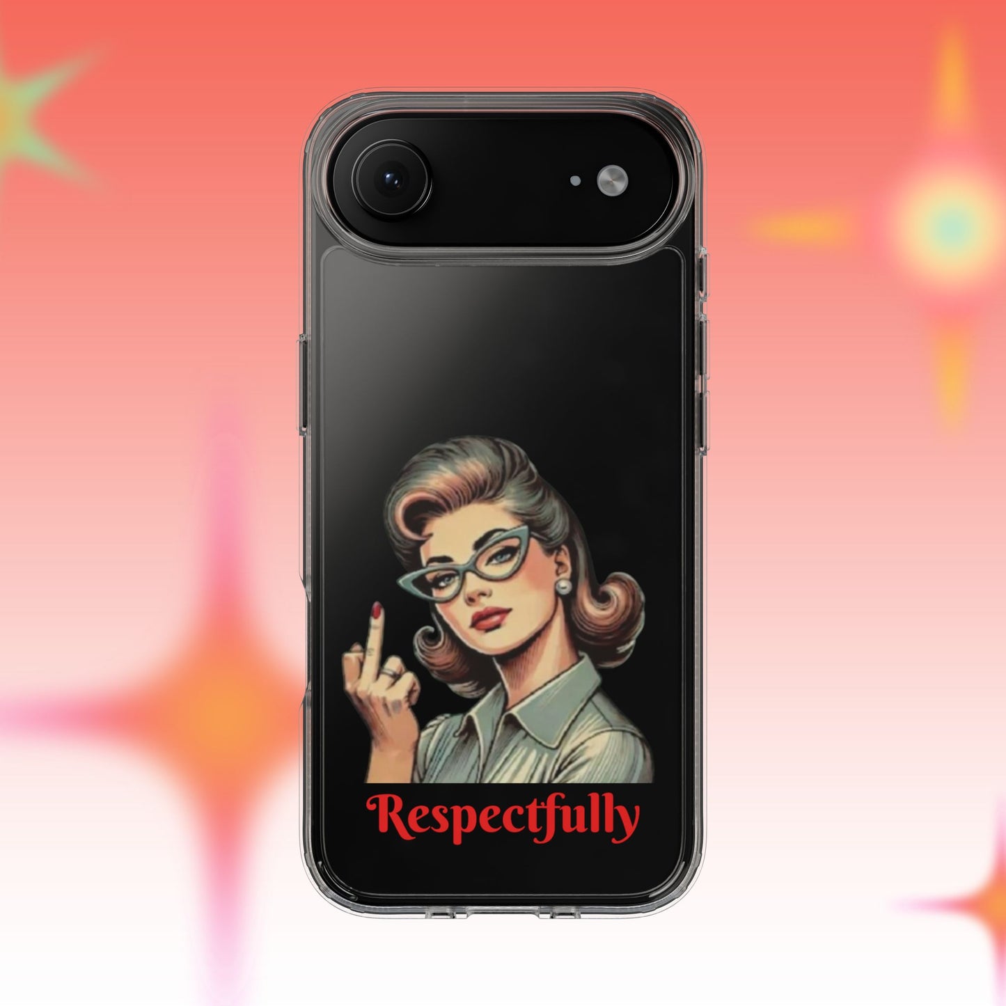 Clear Phone Case — Retro Woman Giving the Finger Graphic with “Respectfully” Text