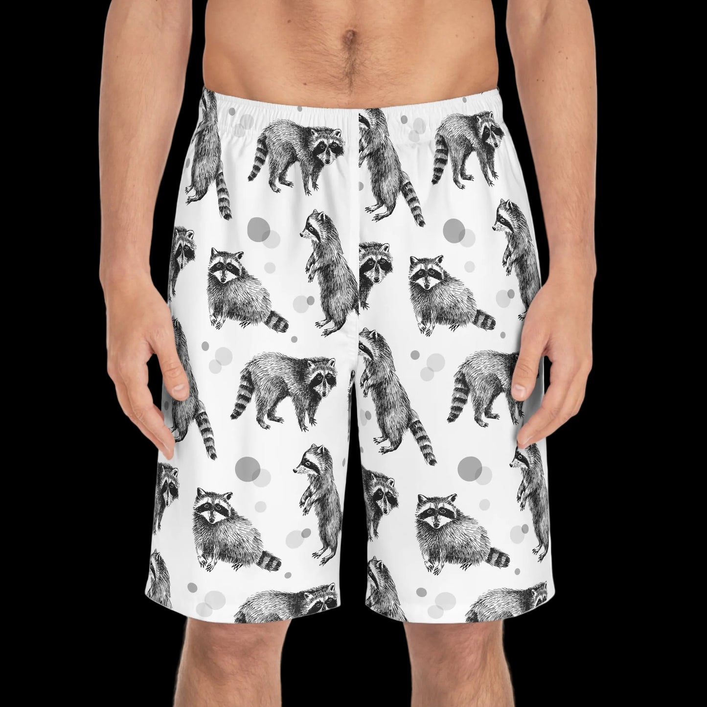 Raccoon Pattern Board Shorts – Black & White Wildlife Swim Trunks