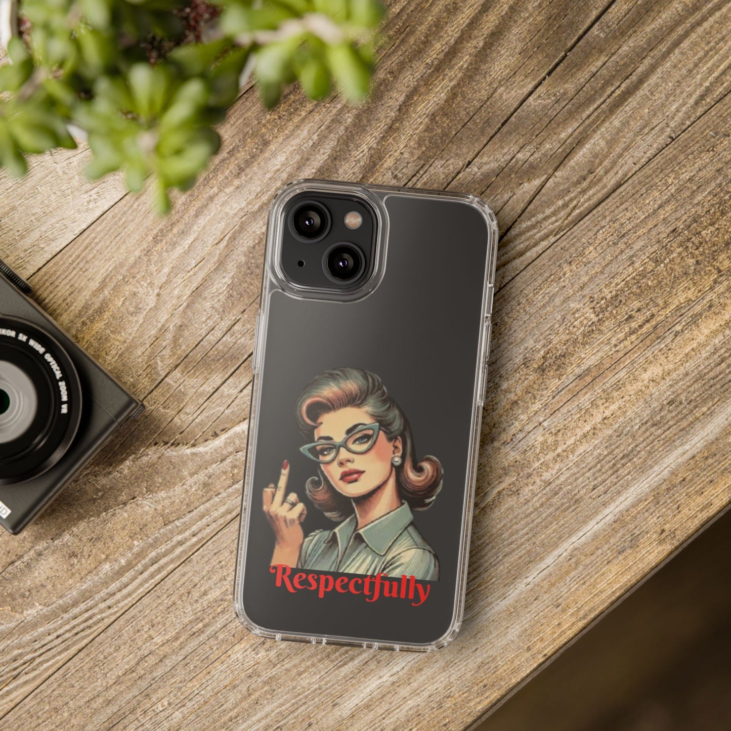 Clear Phone Case — Retro Woman Giving the Finger Graphic with “Respectfully” Text