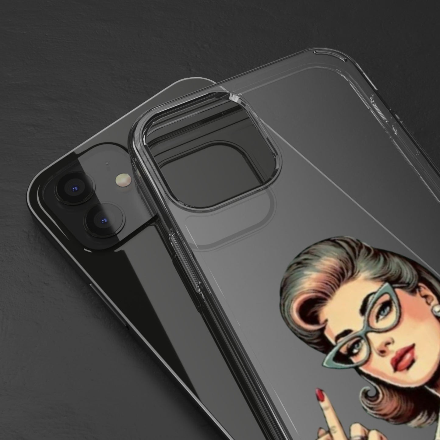 Clear Phone Case — Retro Woman Giving the Finger Graphic with “Respectfully” Text