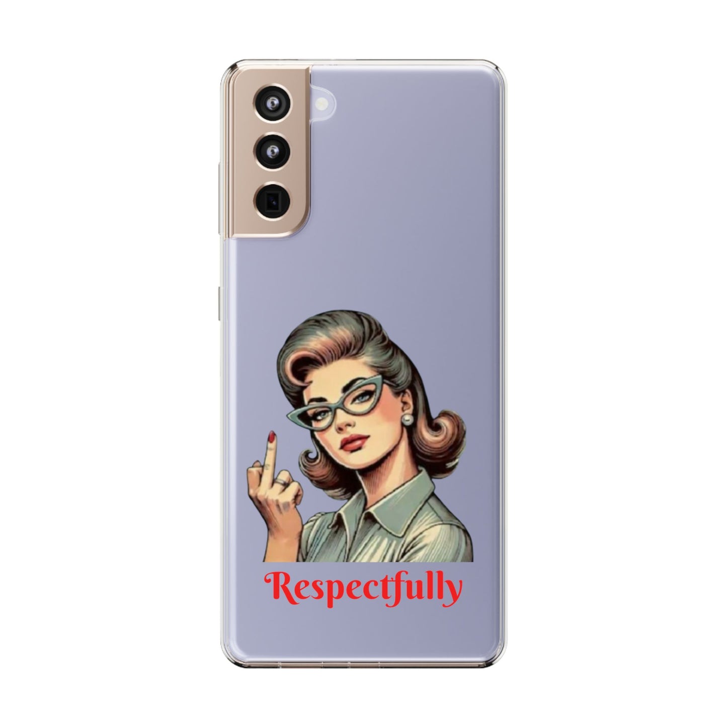 Clear Phone Case — Retro Woman Giving the Finger Graphic with “Respectfully” Text