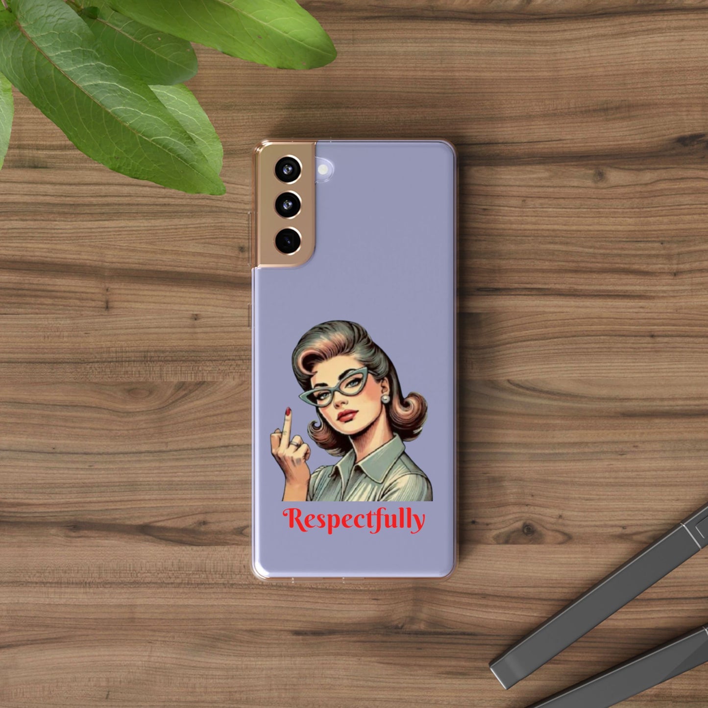 Clear Phone Case — Retro Woman Giving the Finger Graphic with “Respectfully” Text
