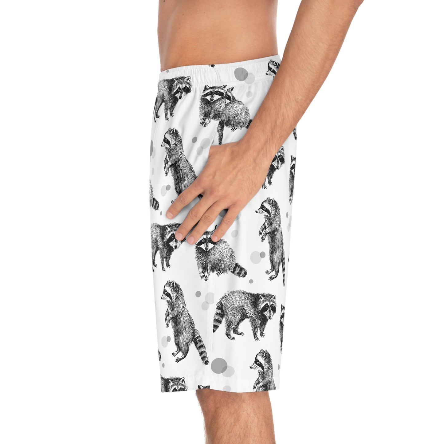 Raccoon Pattern Board Shorts – Black & White Wildlife Swim Trunks