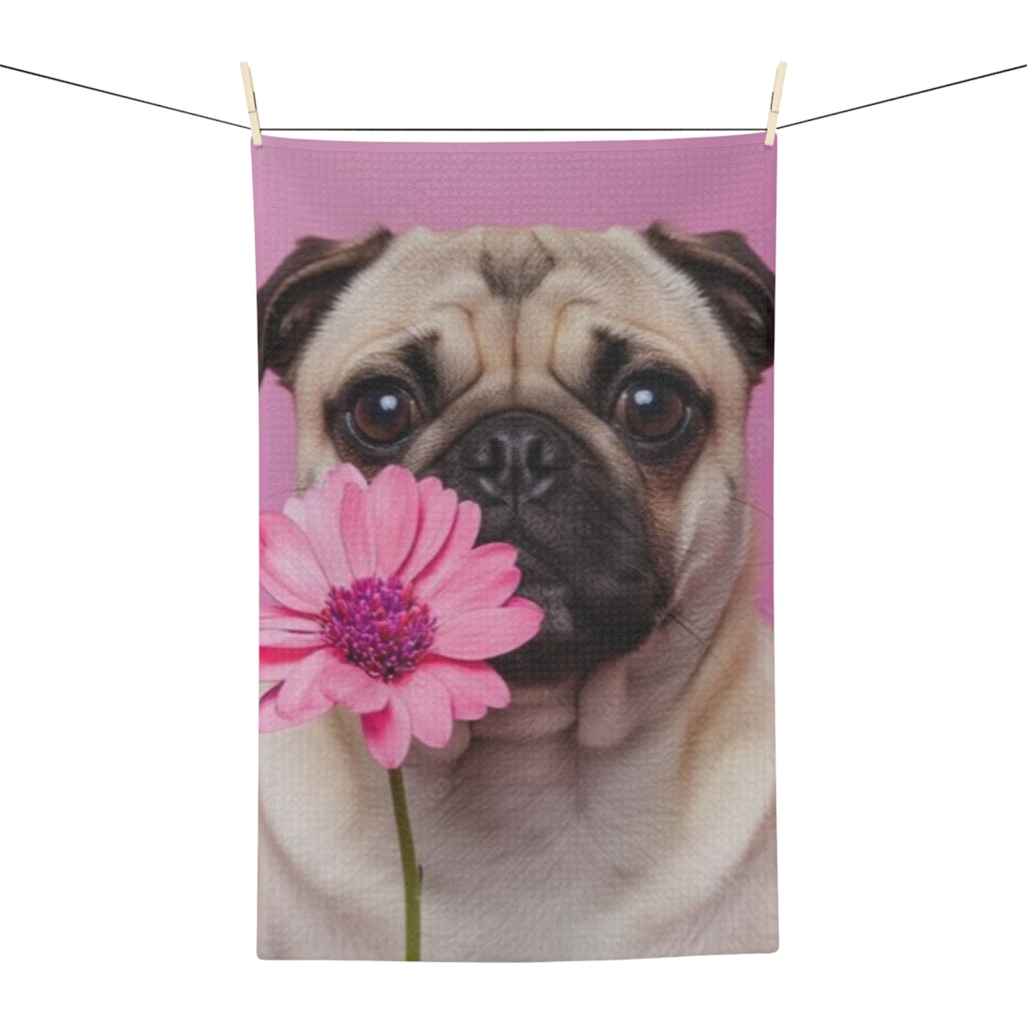 Pug with Pink Daisy Microfiber Tea Towel — Cute Floral Dog Kitchen Towel