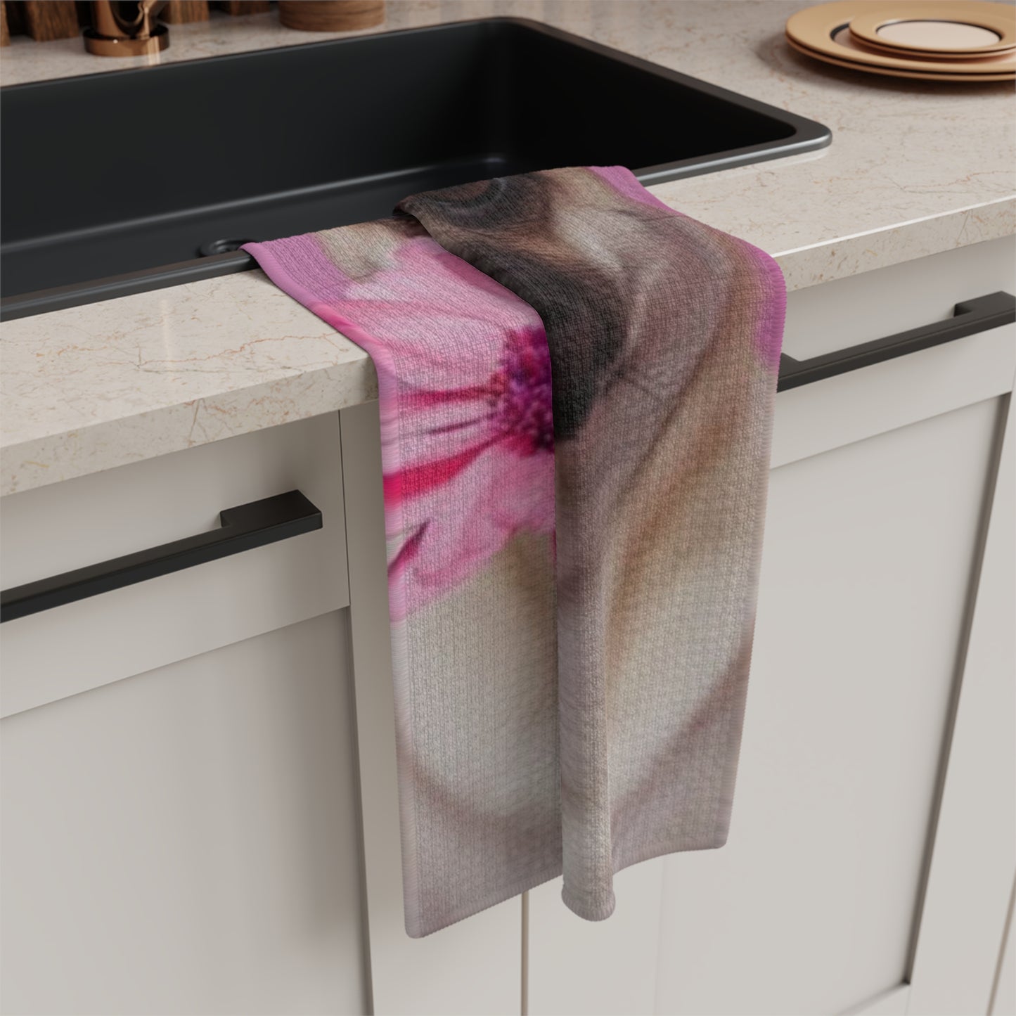 Pug with Pink Daisy Microfiber Tea Towel — Cute Floral Dog Kitchen Towel