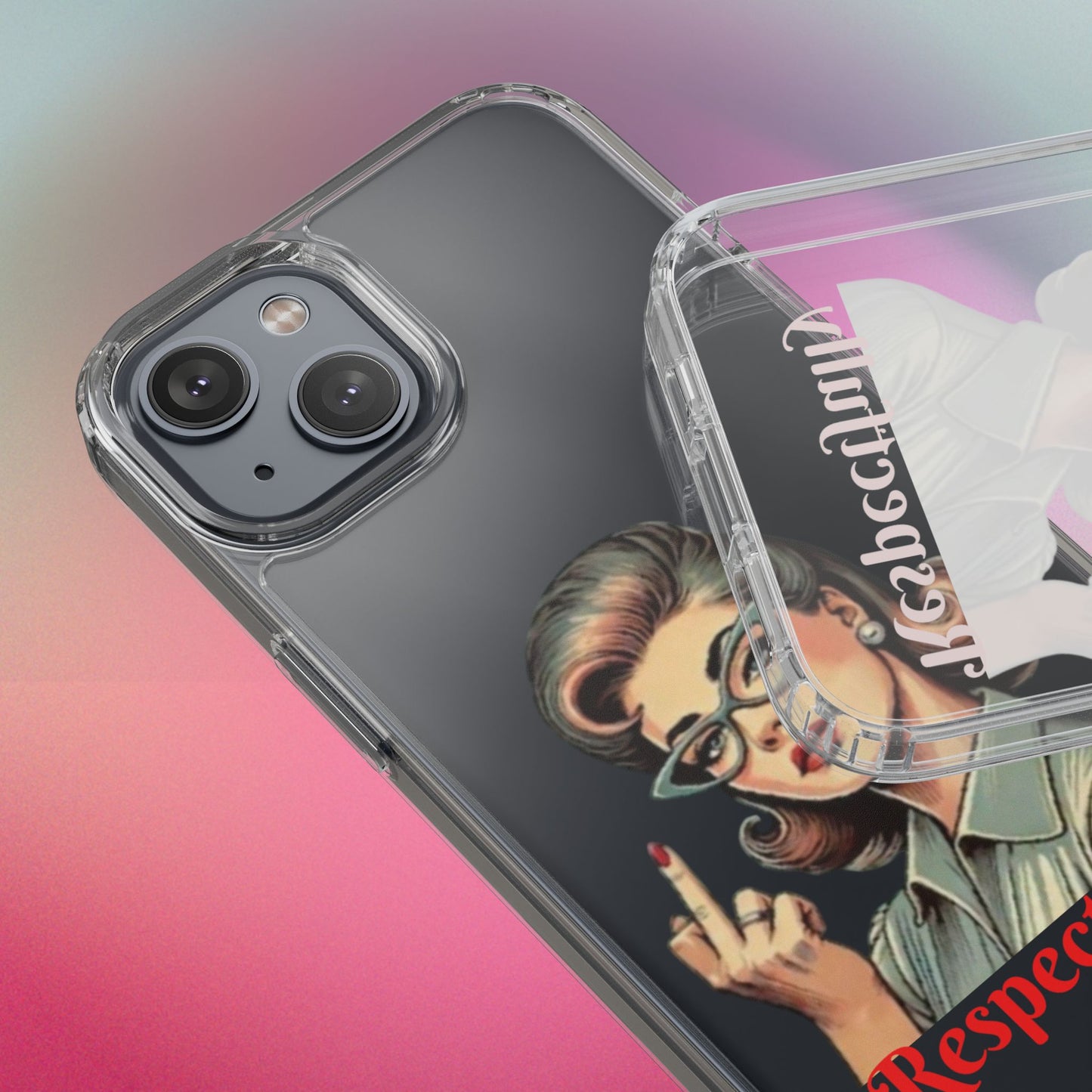 Clear Phone Case — Retro Woman Giving the Finger Graphic with “Respectfully” Text
