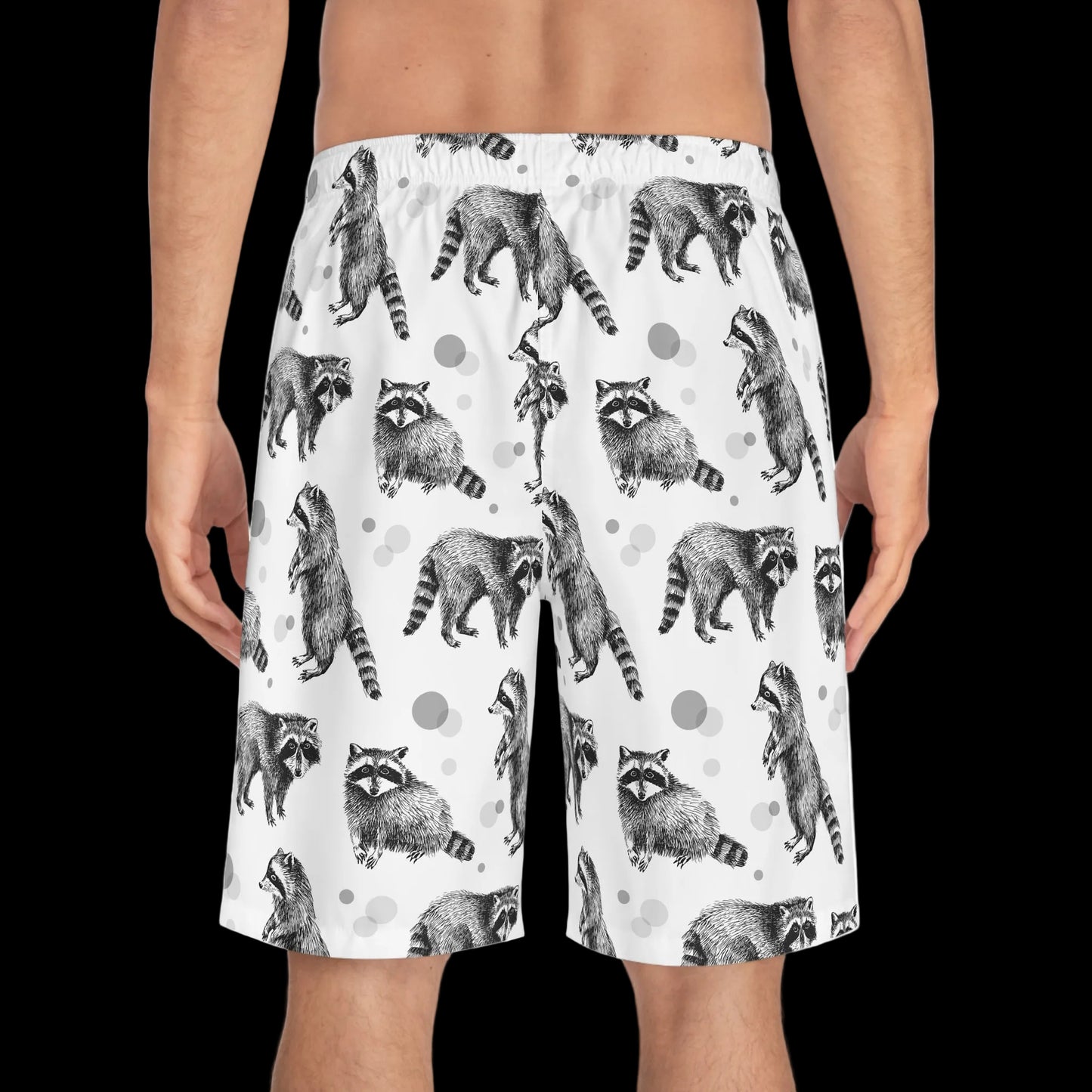 Raccoon Pattern Board Shorts – Black & White Wildlife Swim Trunks