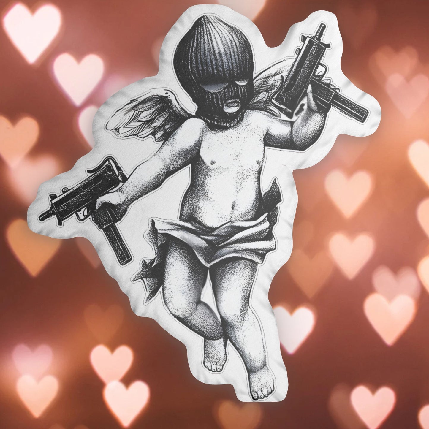 Edgy Cupid Throw Pillow — Masked Angel with Guns Custom Shaped Pillow