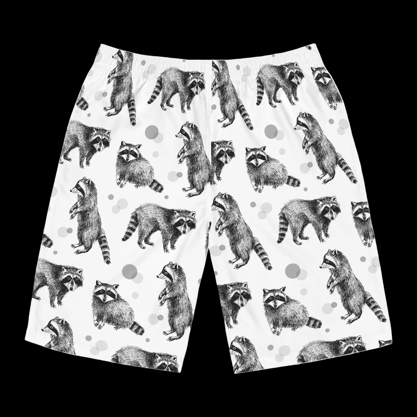 Raccoon Pattern Board Shorts – Black & White Wildlife Swim Trunks