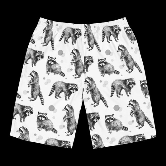Raccoon Pattern Board Shorts – Black & White Wildlife Swim Trunks