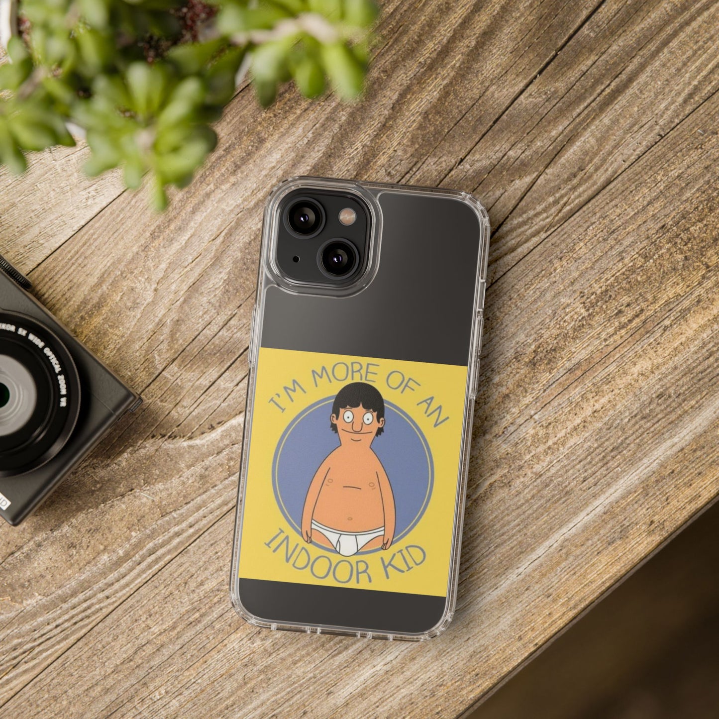 Clear Phone Case — "I'm More of an Indoor Kid" Cartoon Design